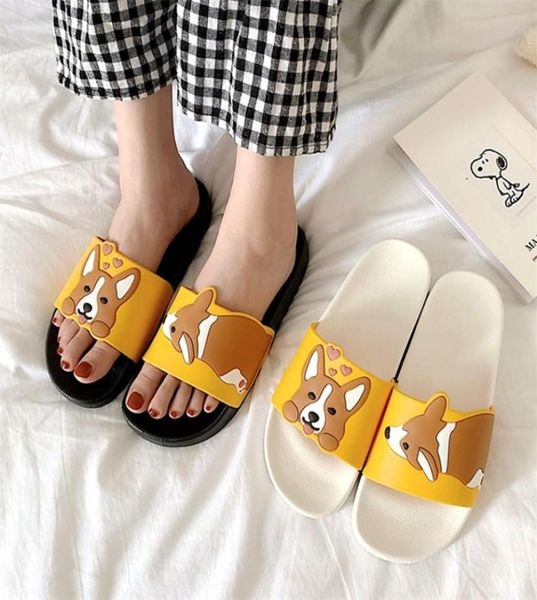 women men summer slippers slide sandals beach flip flops cartoon dog corgi comfortable thick sole girls boys home flat shoes 220309557236, Black